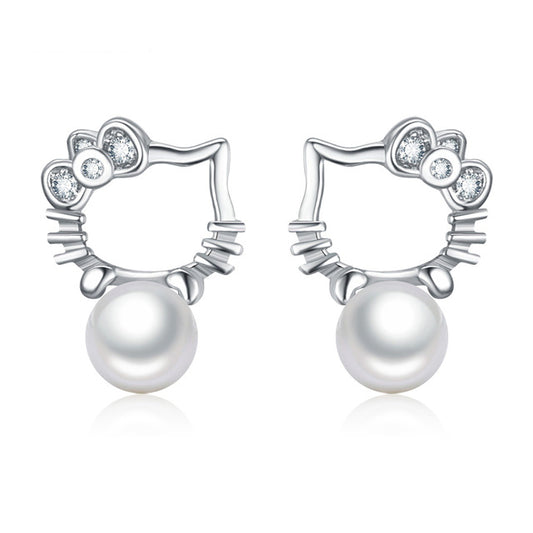 HK Kitty Stud Pearl Earrings