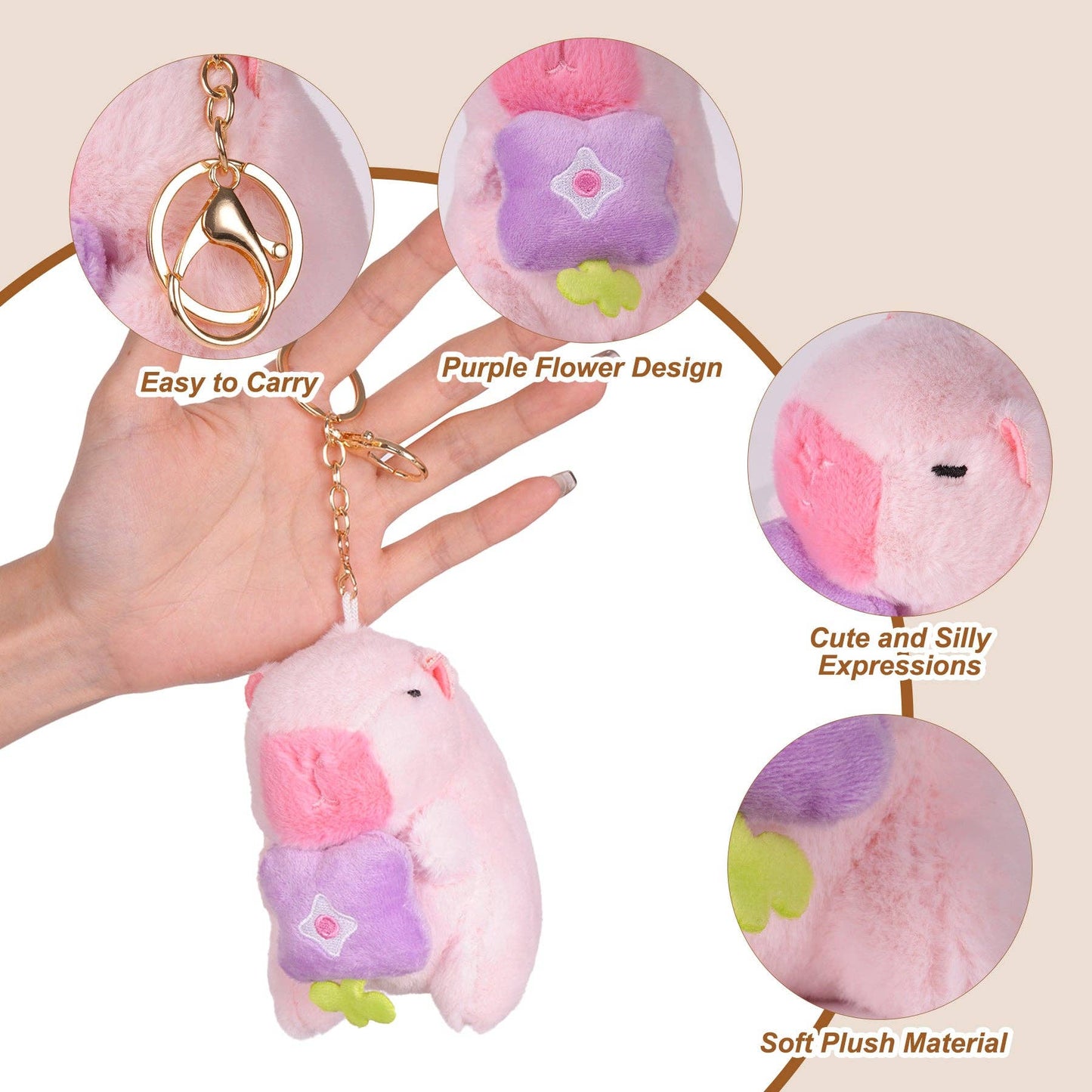 Capybara Pink Purple Flower Plush Keychain